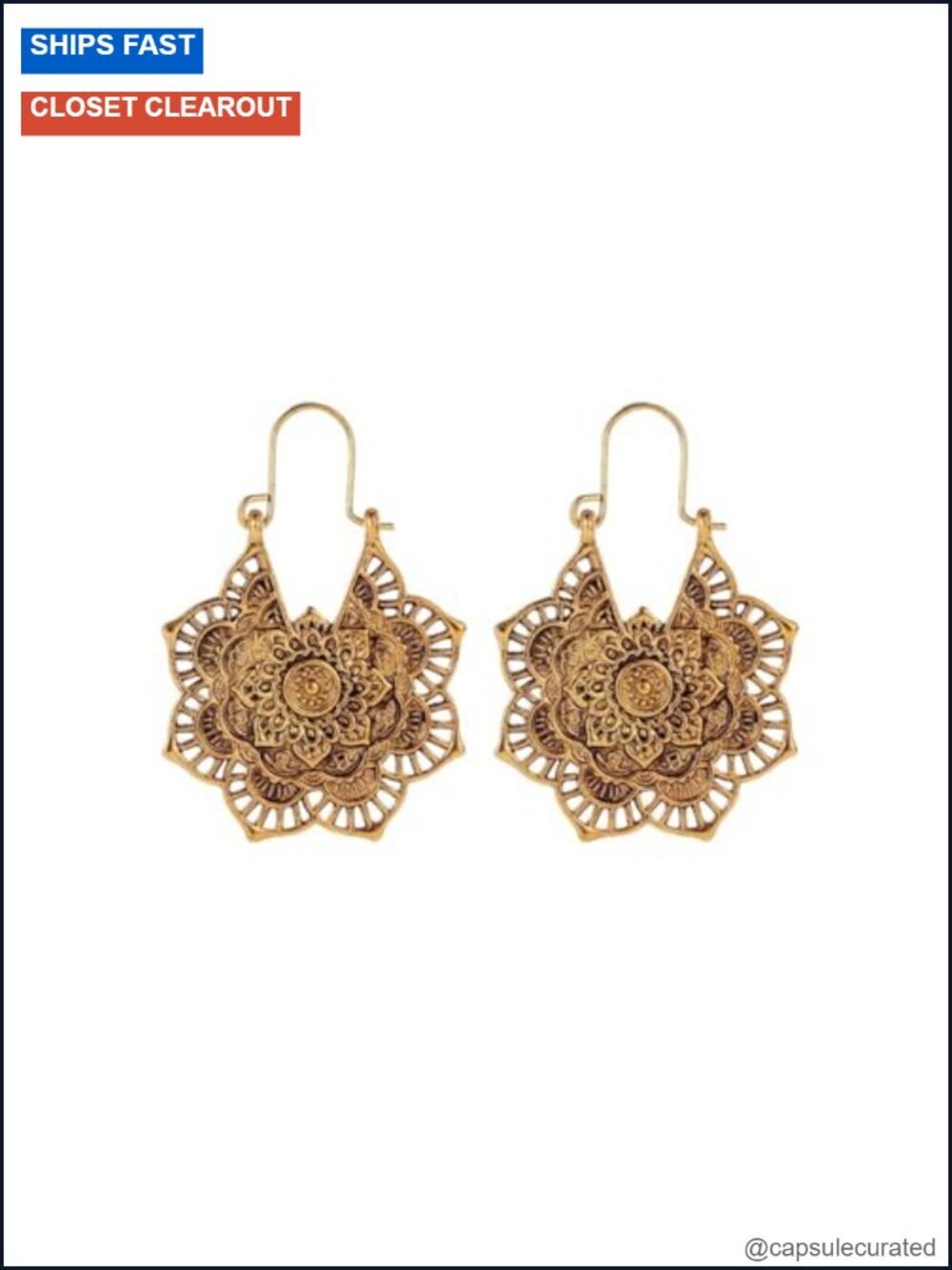 Vintage Handmade Hollowed Antiqued Bronze Floral Geometric Drop Dangle Earrings